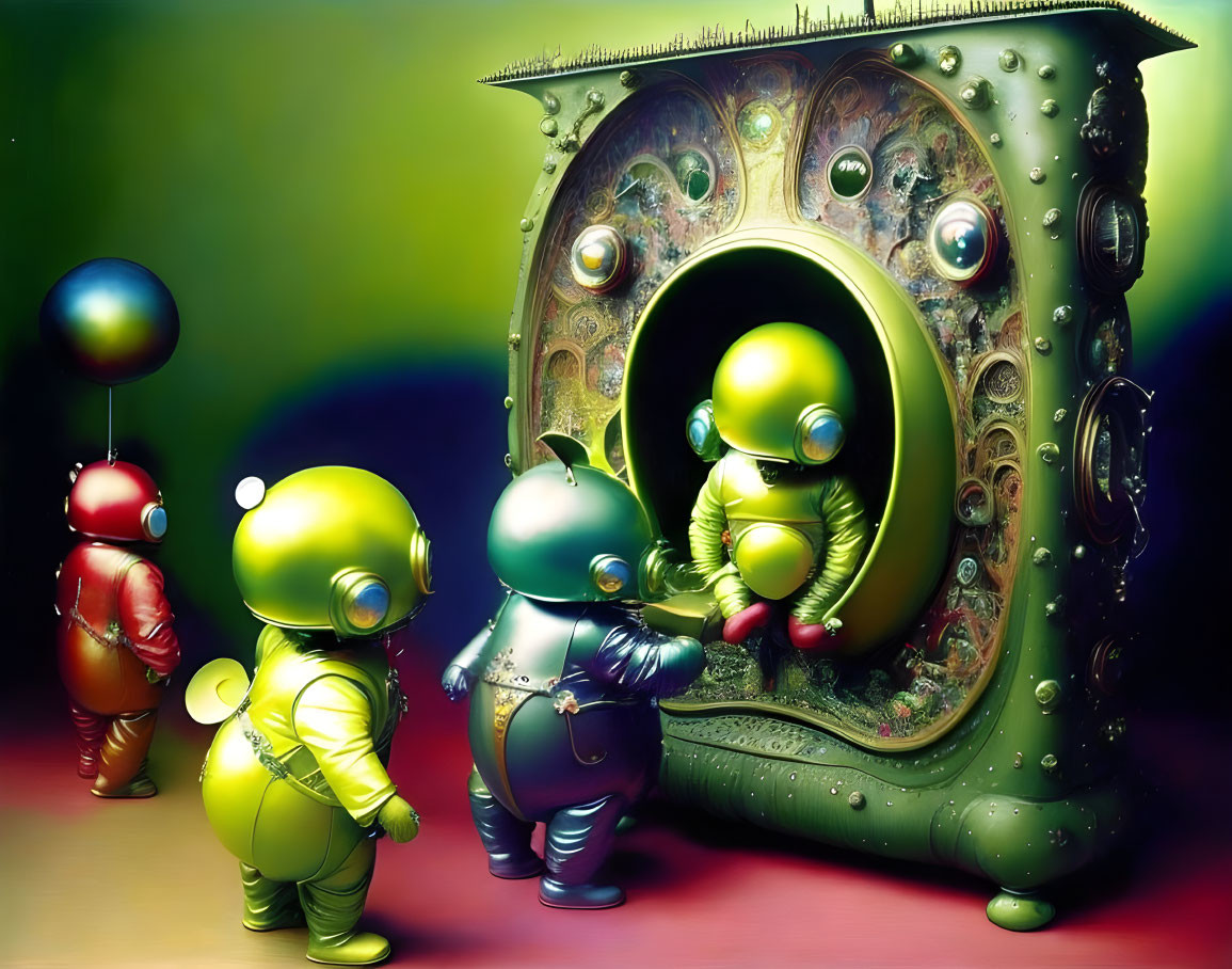 Colorful astronauts explore alien-like hatch in surreal setting