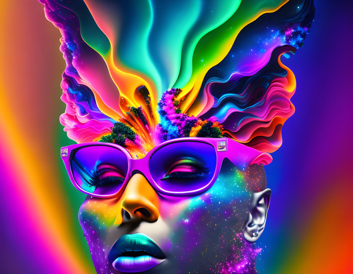 Colorful face art with flowing hair and cosmic landscape reflection