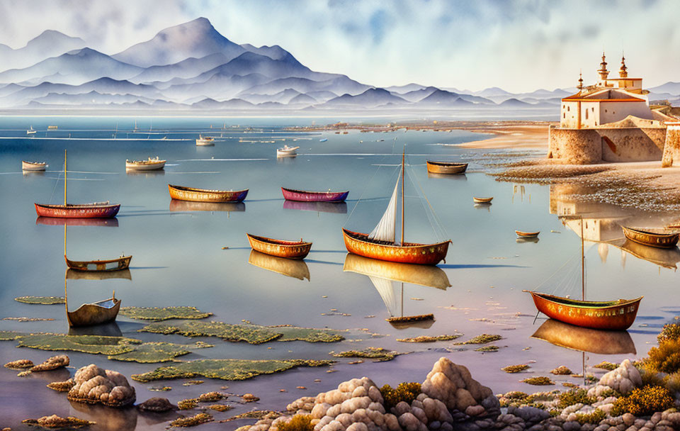 Boats on calm water with monastery, mountains, and hazy sky