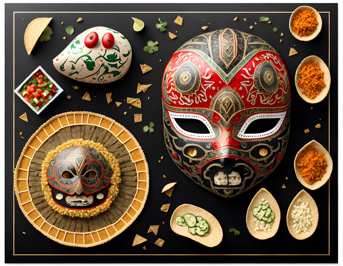 Colorful Mexican Wrestling Masks with Food Ingredients on Black Background