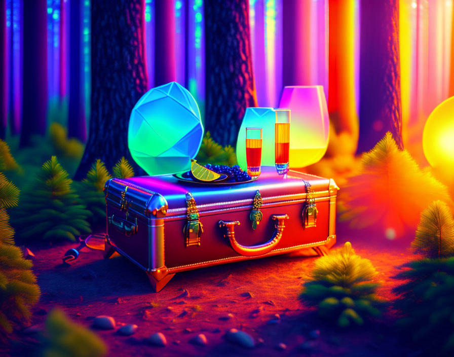 Fantastical forest scene with glowing gem, glasses, and plate among neon-lit trees