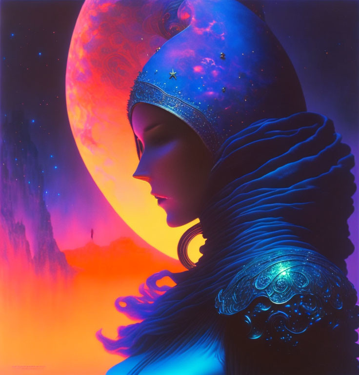 Surreal portrait: Woman with starry headdress, moon, colorful sky