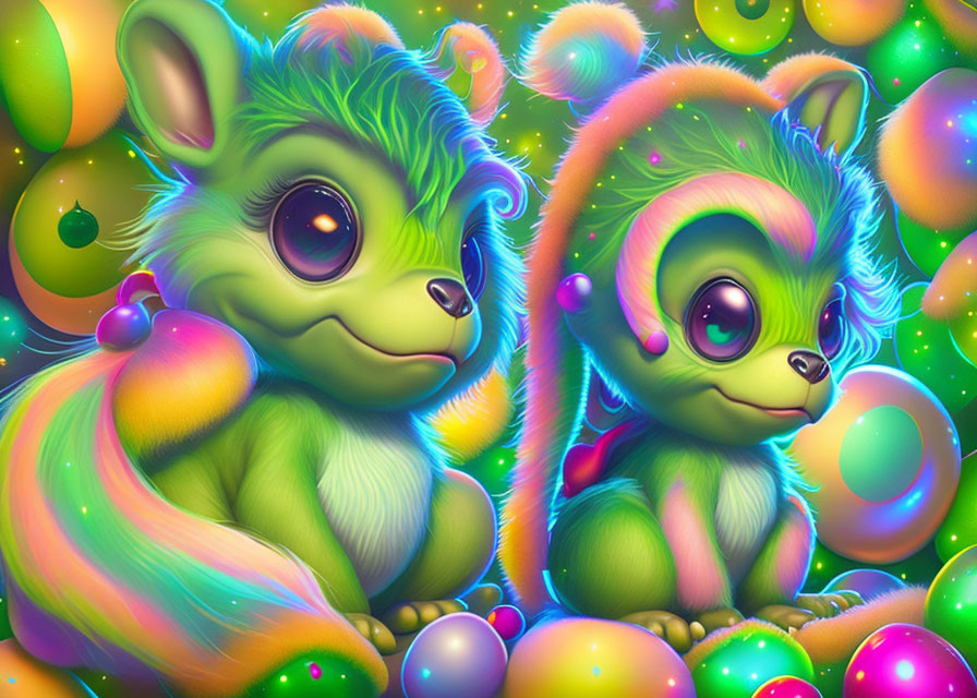 Colorful Cartoon Creatures in Neon Fantasy Scene