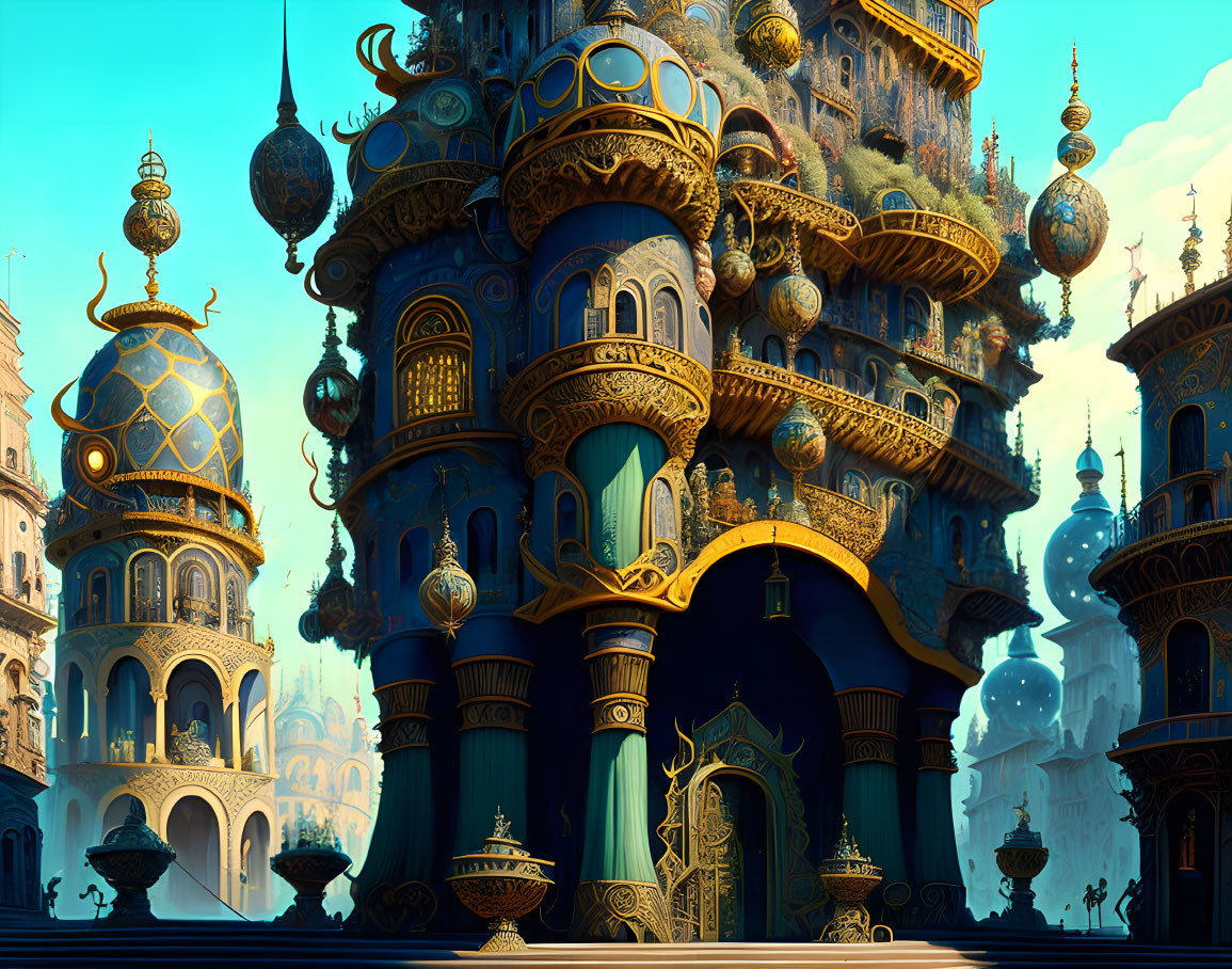 Ornate Golden-Blue Palace with Floating Lanterns