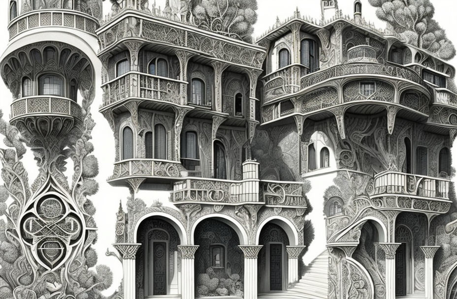 Detailed black & white whimsical architecture illustration.