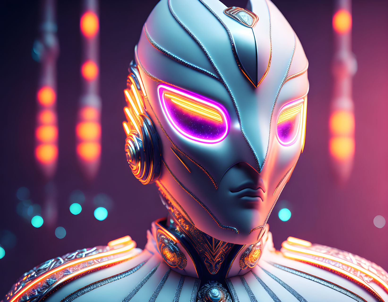 Futuristic robot with silver face and neon lights on blurred background