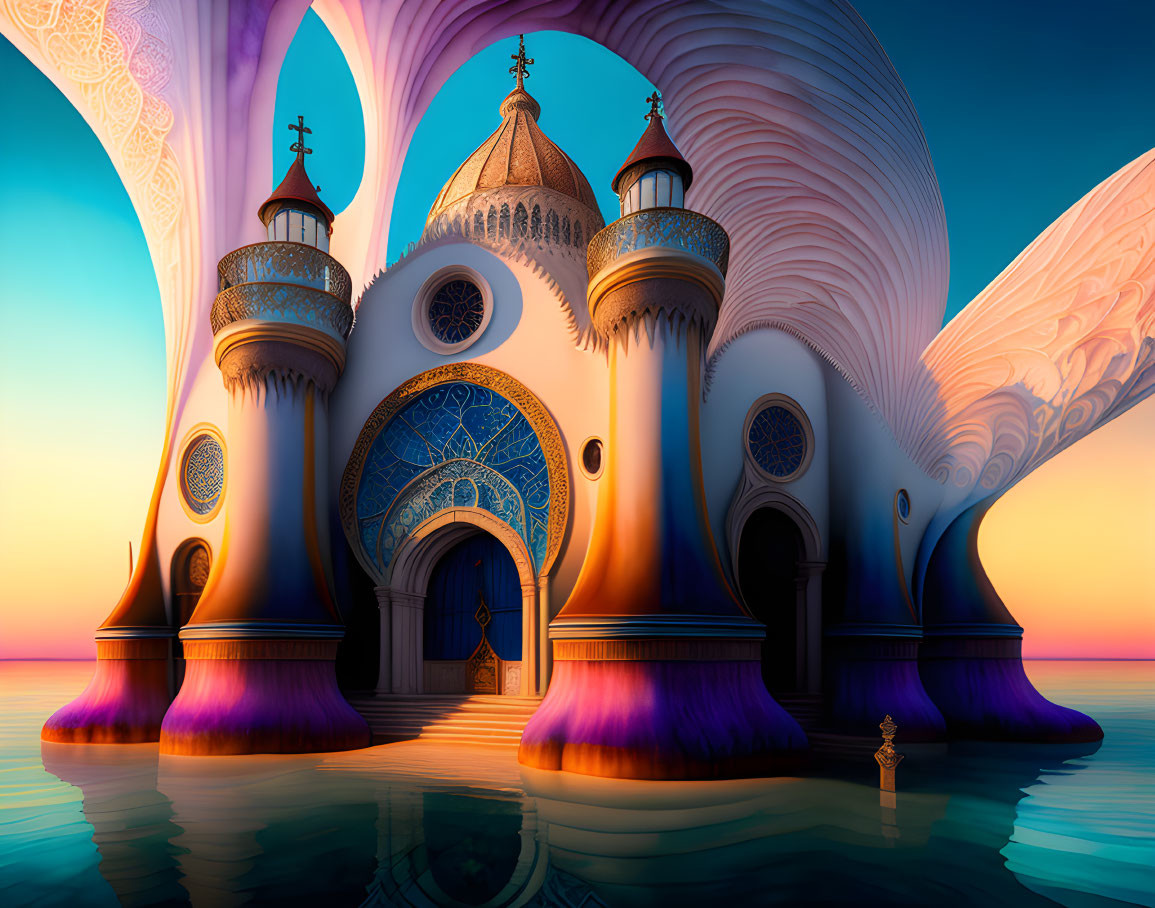 Ornate palace with domes and arches at sunset by tranquil waters