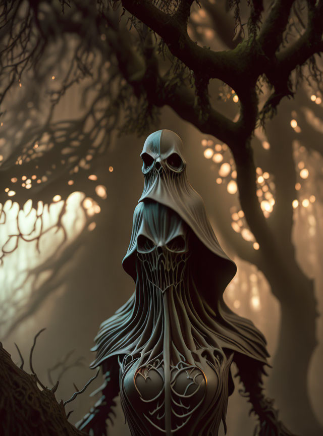 Mysterious skeletal figure in misty forest with glowing lights.