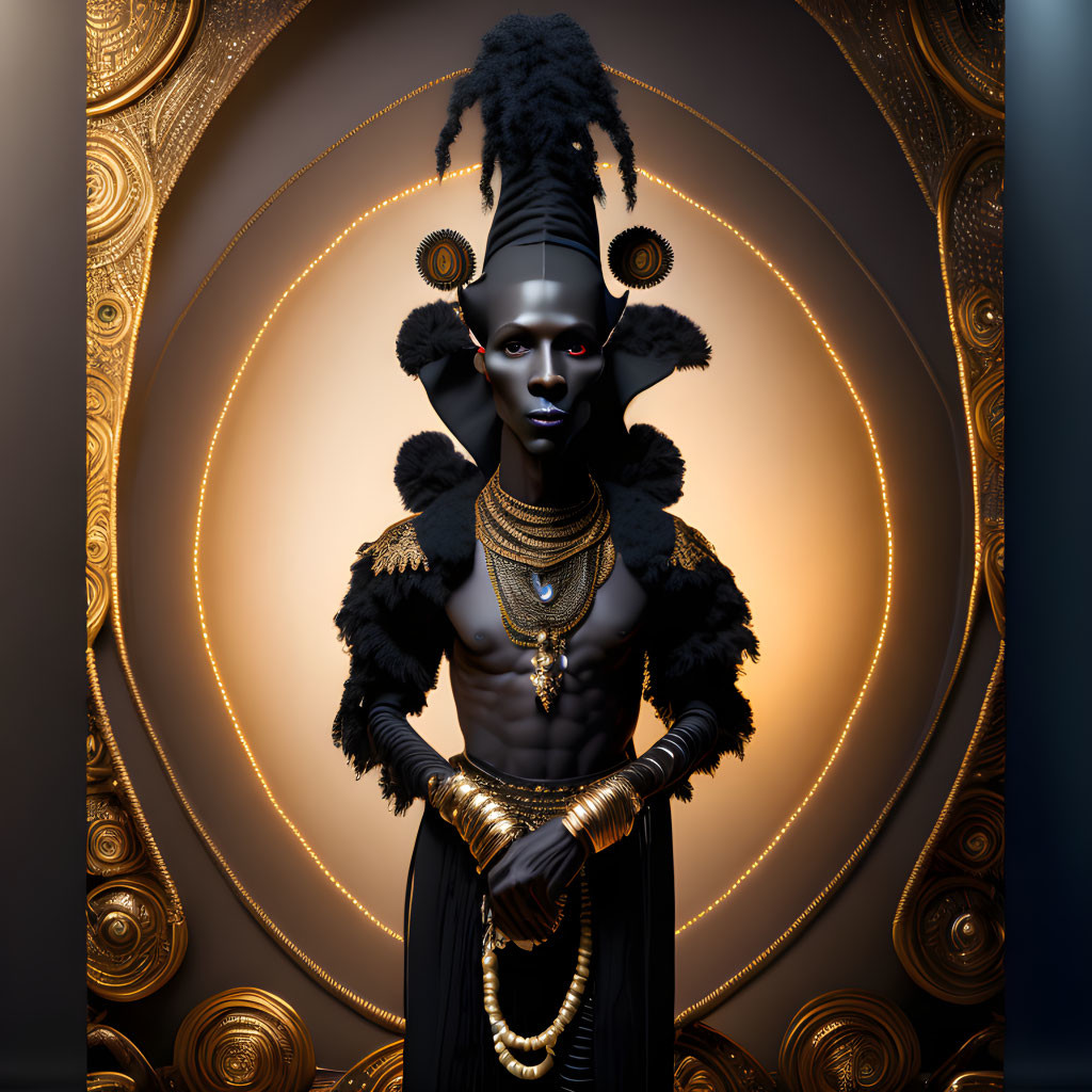 Stylized portrait of a person with dark makeup and golden eyes in black and gold attire surrounded by