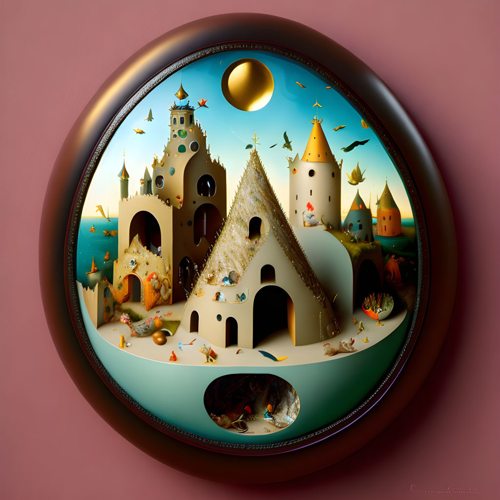 Three-dimensional fairy tale castle diorama with fantastical creatures on pink background
