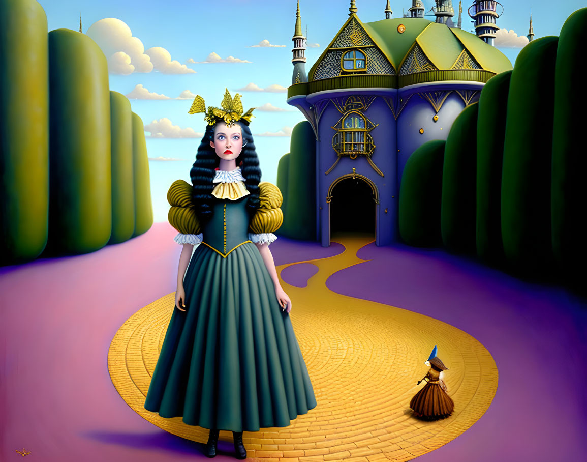 Whimsical illustration of a woman in regal navy-blue dress at a fanciful castle