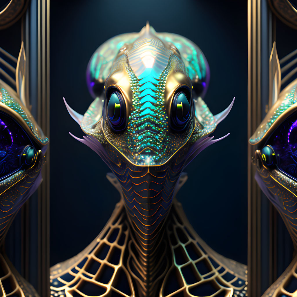 Symmetrical iridescent alien creature with expressive eyes on dark ornate background