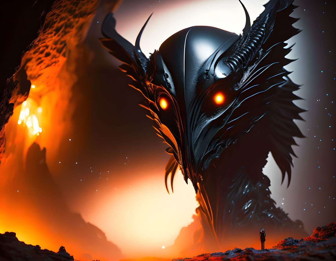 Giant dragon-like creature with red eyes in volcanic landscape