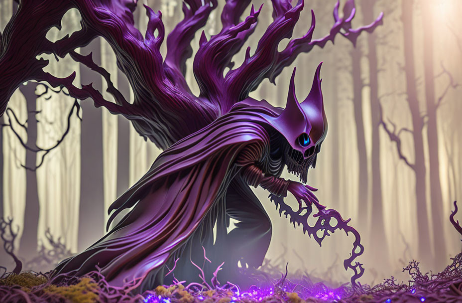 Mysterious cloaked figure with glowing eyes in fantasy forest