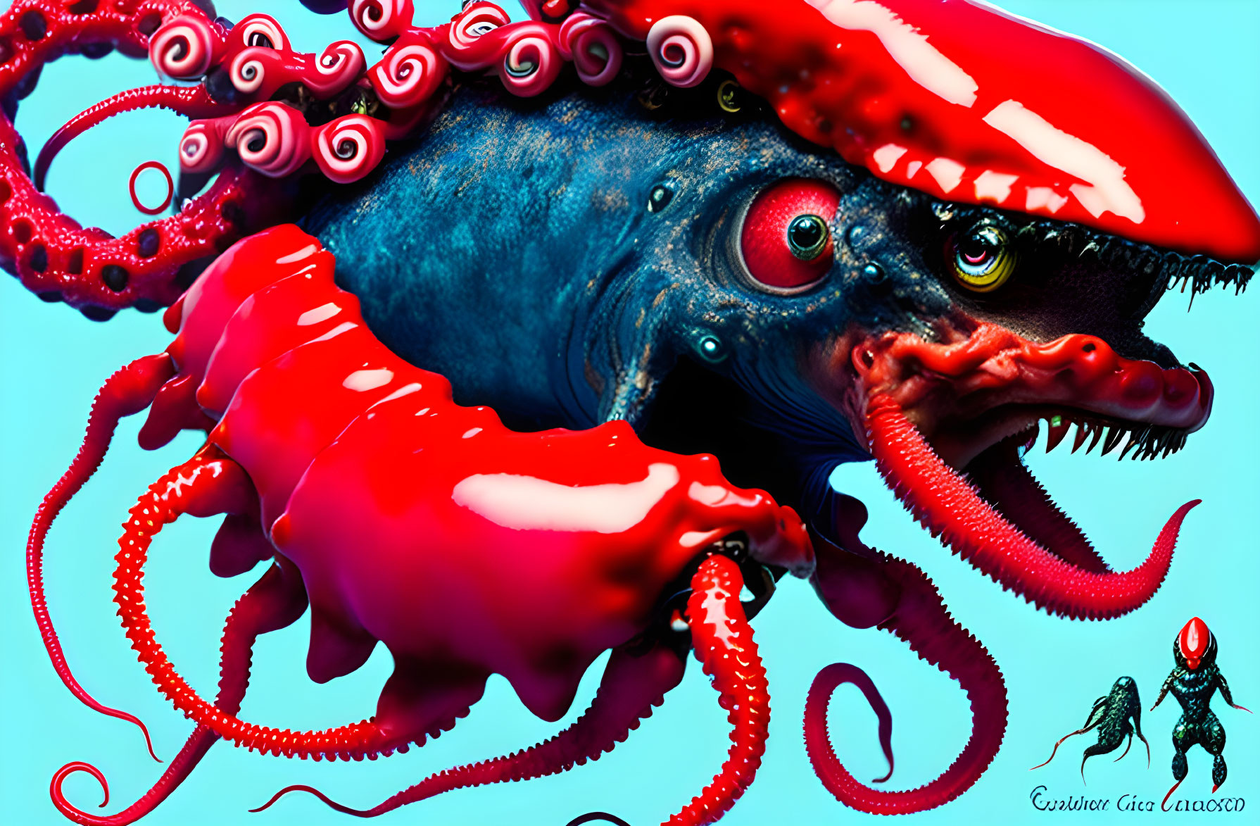 Surreal creature with octopus tentacles and crab body on blue background