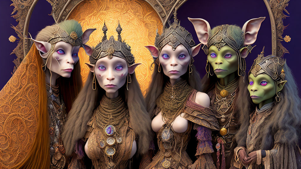 Fantasy elf characters with pointed ears and ornate crowns against golden backdrop