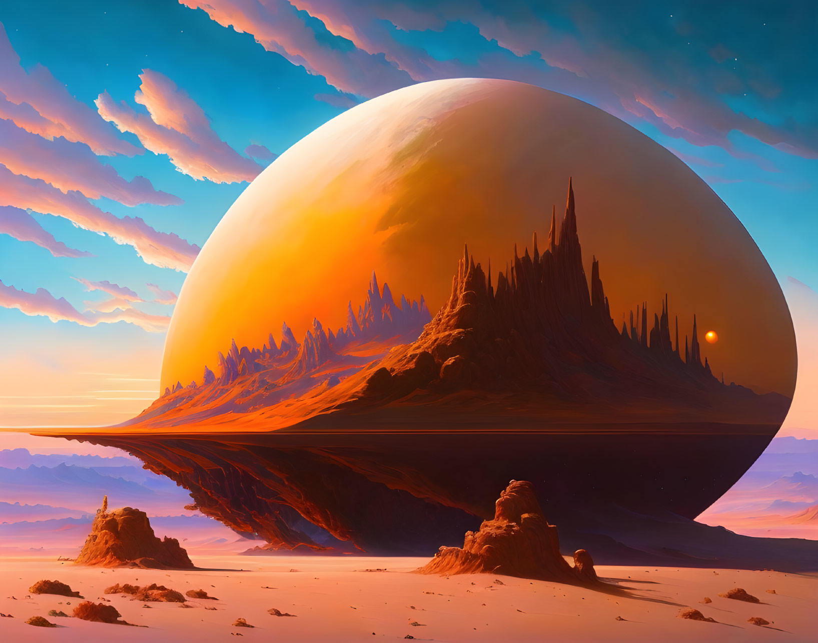 Surreal landscape with immense planet over desert and rock formations