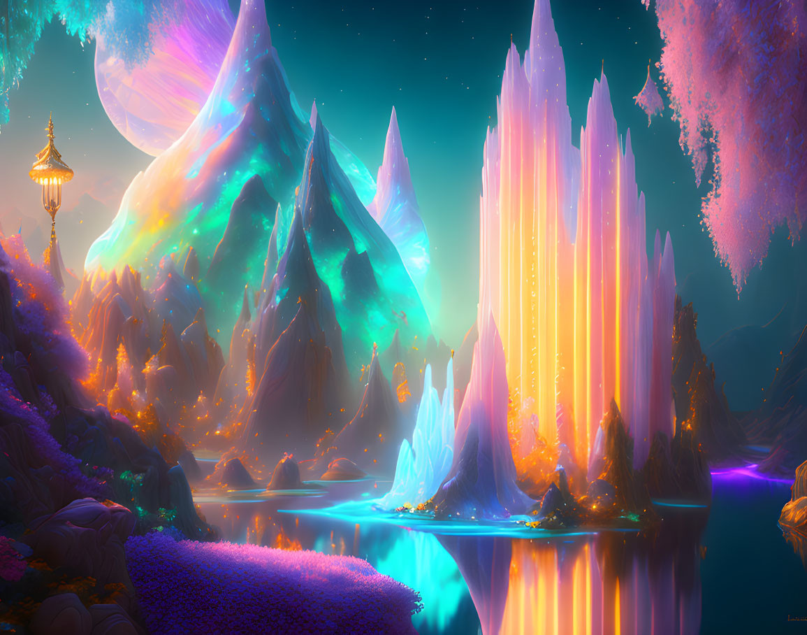 Fantasy landscape with glowing mountains, moon, waterfalls, and starry sky.