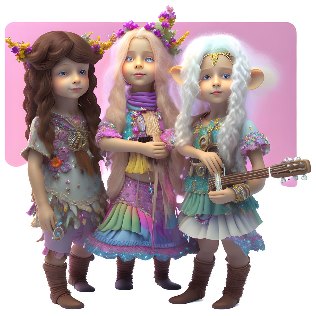 Whimsical elfin characters with floral crowns and lute on pink background