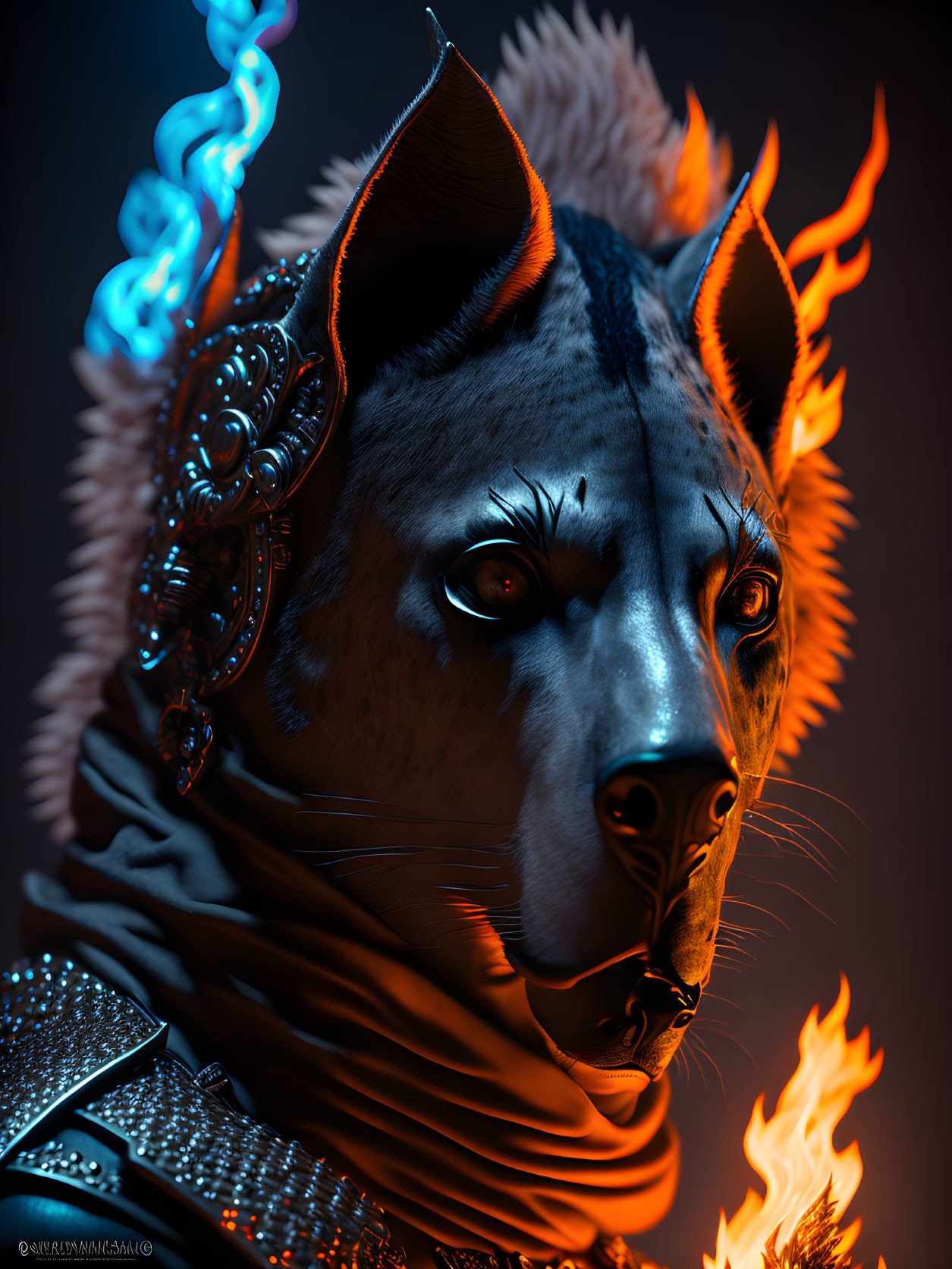 Anthropomorphic wolf digital art with glowing blue eyes and fiery surroundings