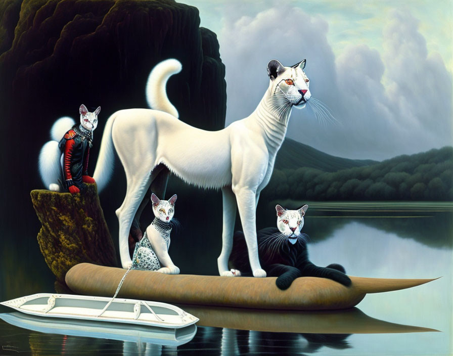 Four Oversized Cats with Human-like Faces in Surreal Natural Setting