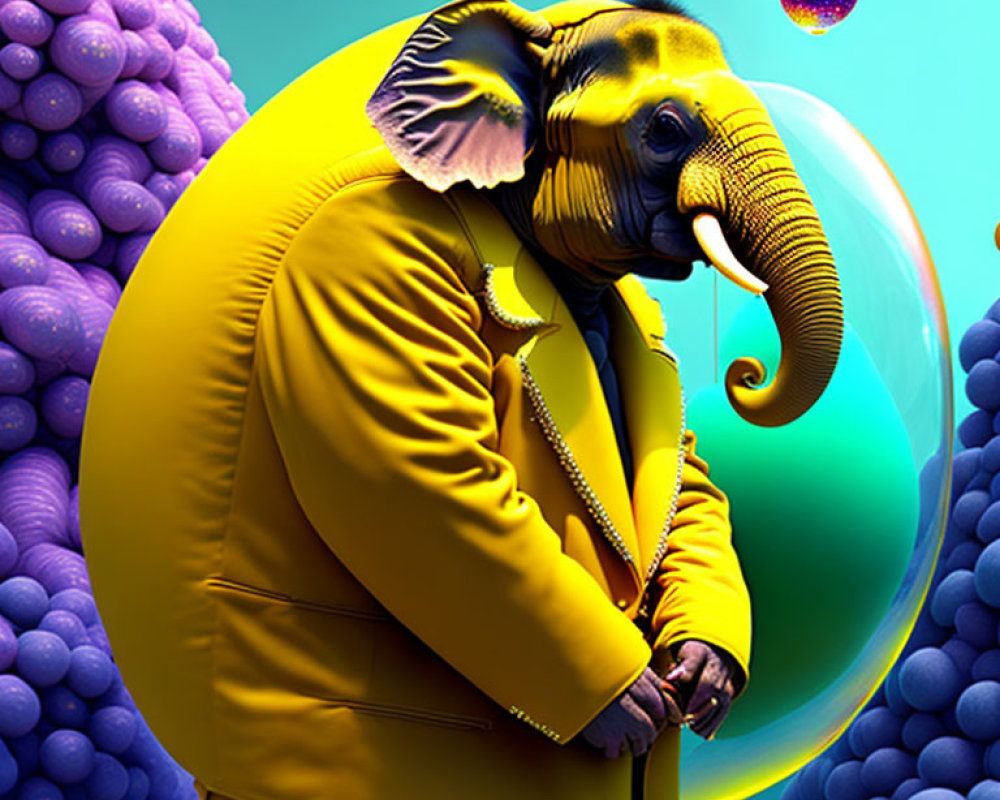 Elephant-human hybrid in yellow suit with bubble, purple coral, teal background