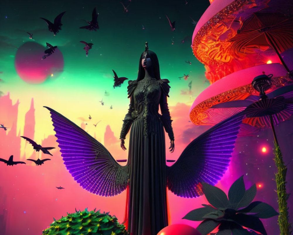 Surreal winged woman in colorful fantasy landscape