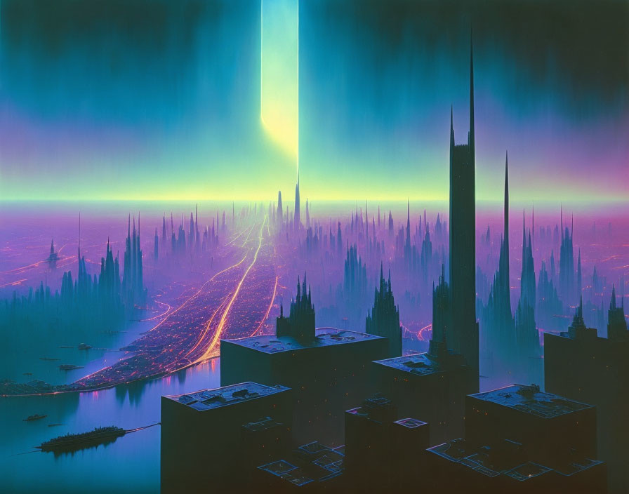 Futuristic cityscape at dusk with tall spires and neon lights