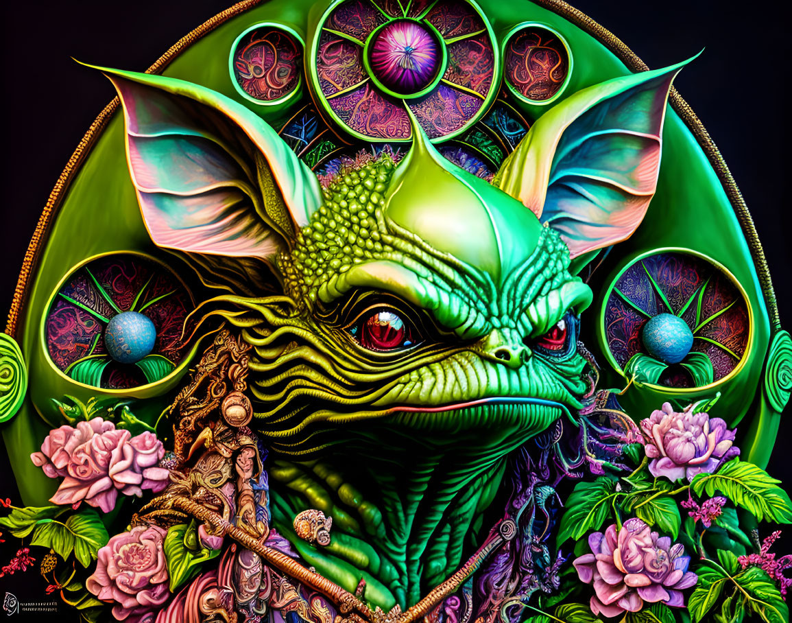 Fantastical creature with green skin and red eyes in vibrant digital art