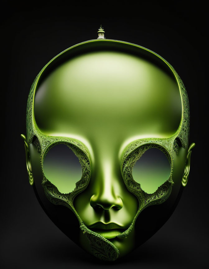 Stylized alien head with intricate textures and green skin on black background
