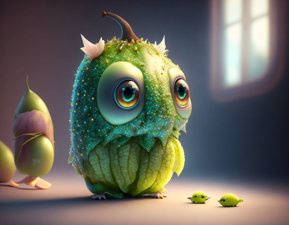 Colorful Animation of Green Spherical Creature with Expressive Eyes and Surrounding Entities