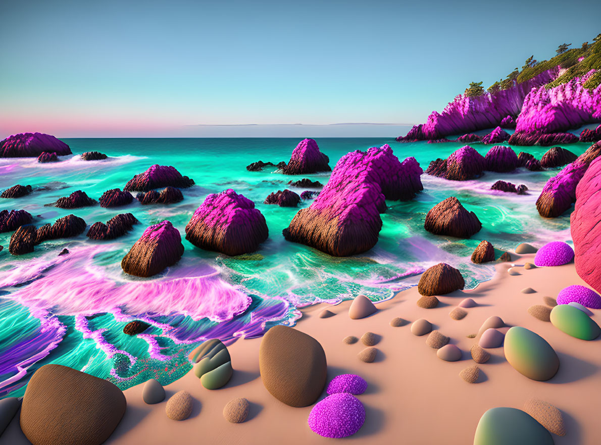 Colorful surreal coastal landscape with magenta foliage, turquoise waters, and smooth rocks