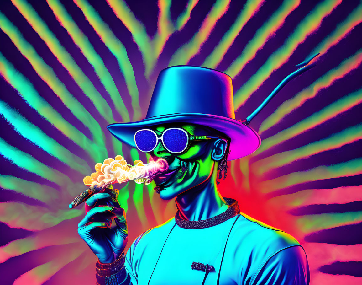 Colorful portrait of a person with neon colors, smoking, top hat, sunglasses, and earphones