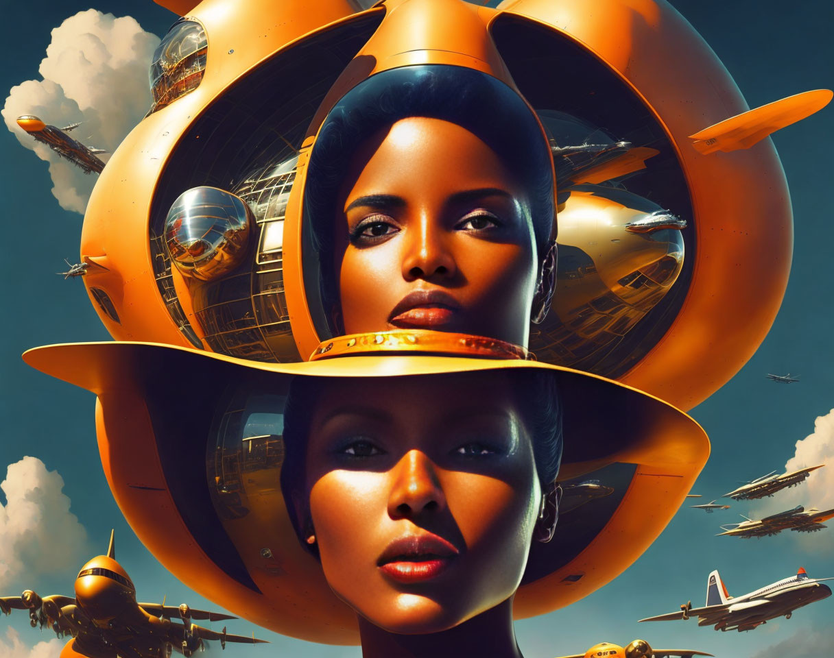 Stylized portraits of a woman with futuristic golden headgear and aircraft reflections