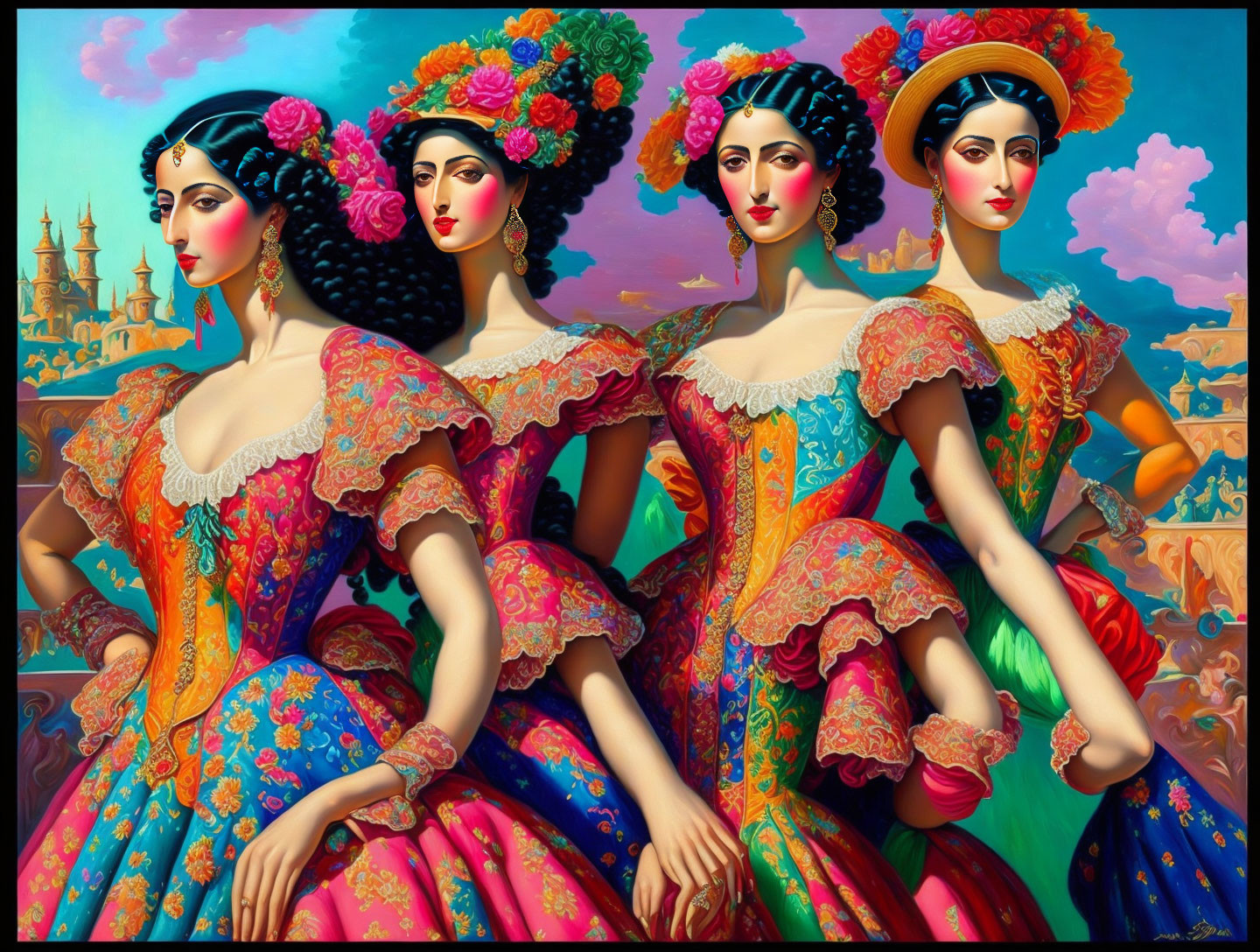 Three women in vibrant Mexican dresses with floral patterns and elaborate hairstyles against colorful background
