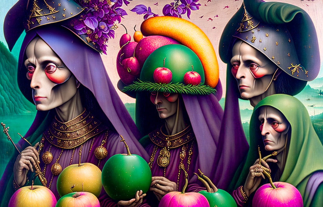 Surreal artwork: Three figures in regal medieval attire with elongated faces, holding fruit,