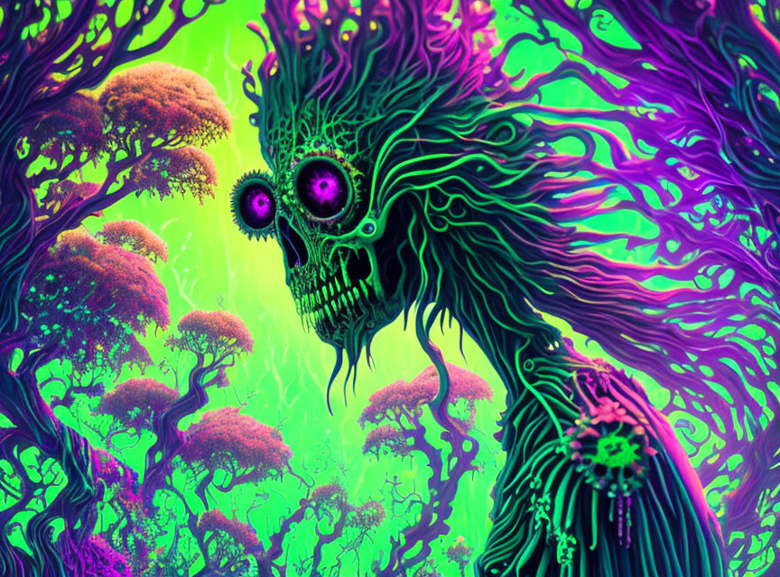 Colorful Psychedelic Skull with Glowing Purple Eyes and Swirling Tree-Like Structures