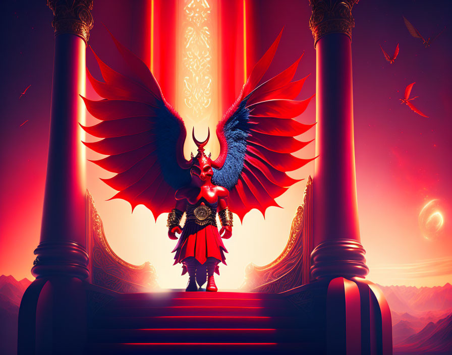 Red-winged armored figure on grand staircase under vibrant red sky with mystical symbols