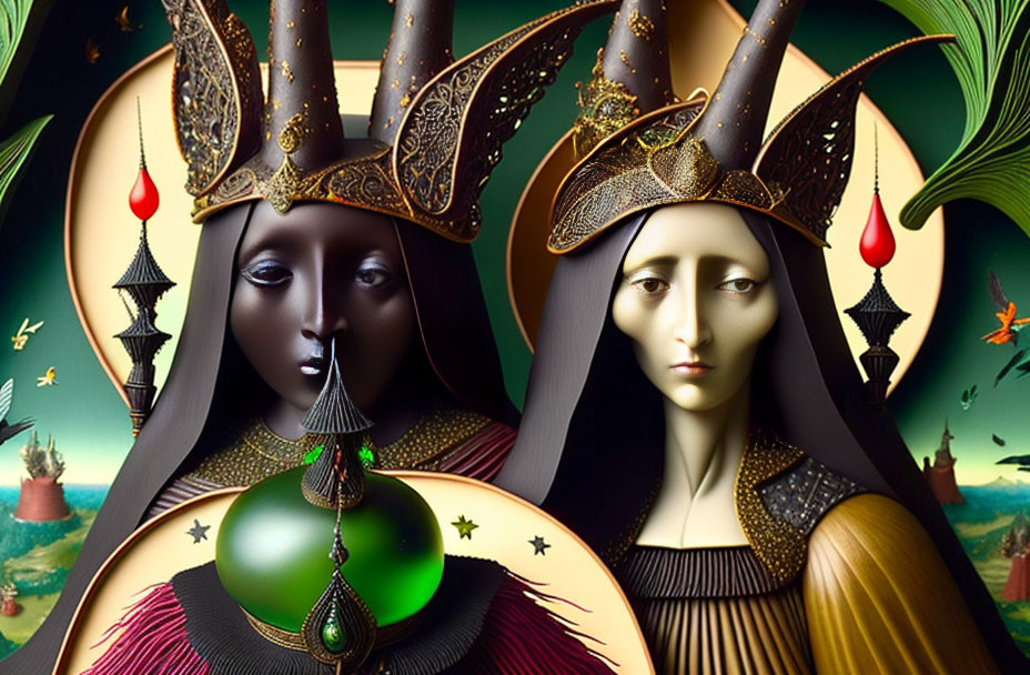 Surreal Artwork: Regal Figures, Elongated Crowns, Fantastical Landscape