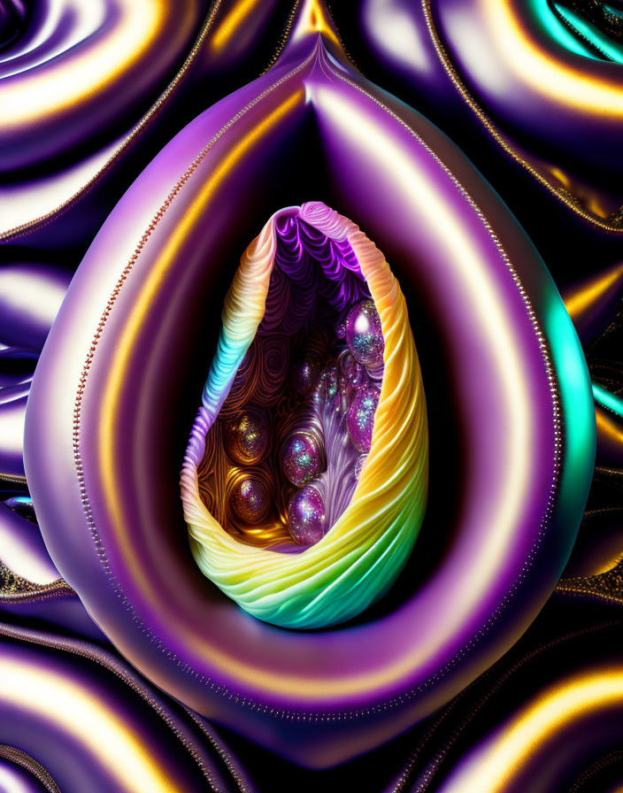 Colorful Fractal Art: Spiraling Egg Structure in Purple, Gold, and Green