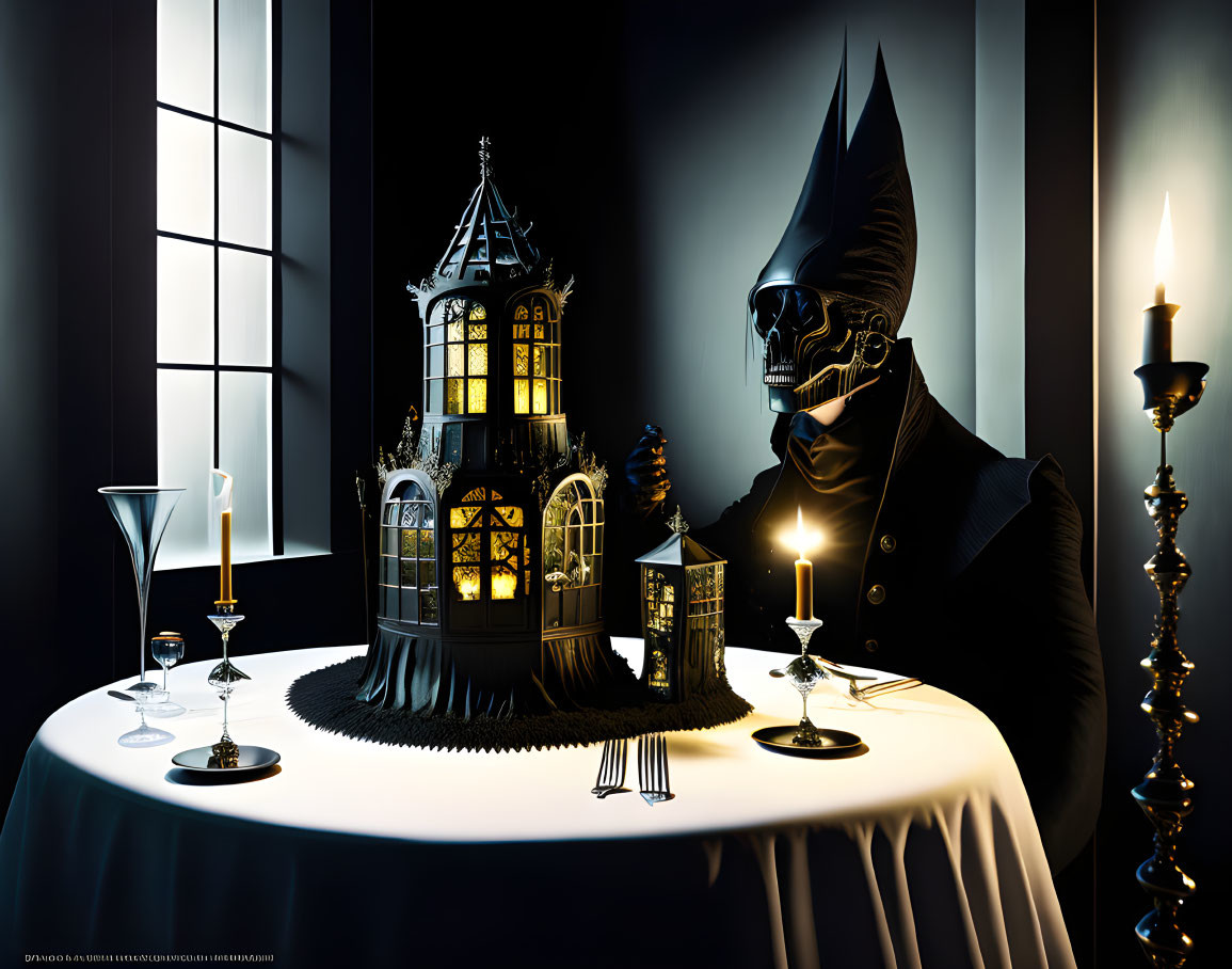 Gothic dinner scene with masked figure, haunted house, candlesticks, and martini glass