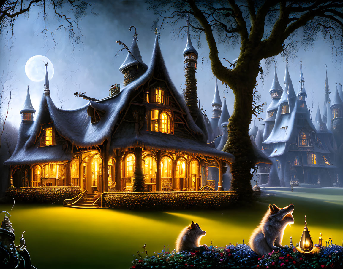 Mystical twilight landscape with glowing cottage, castles, full moon, tree, and racco