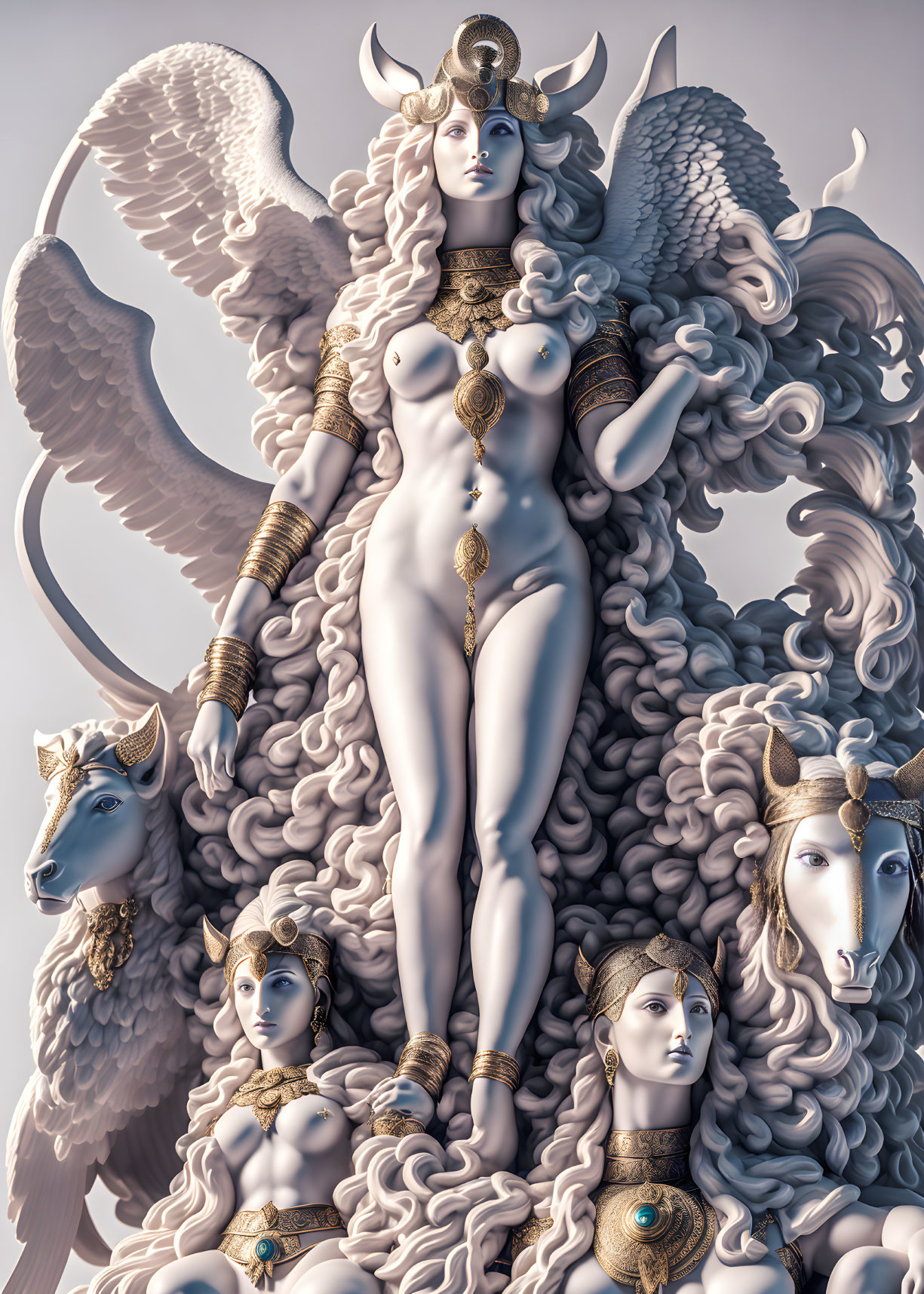 Monochromatic digital artwork of mythical figure with wings and horns surrounded by sculpted ram heads
