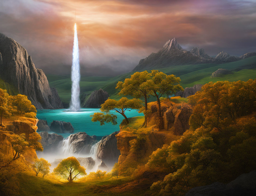 Majestic landscape with waterfall, trees, mountains, and lakes