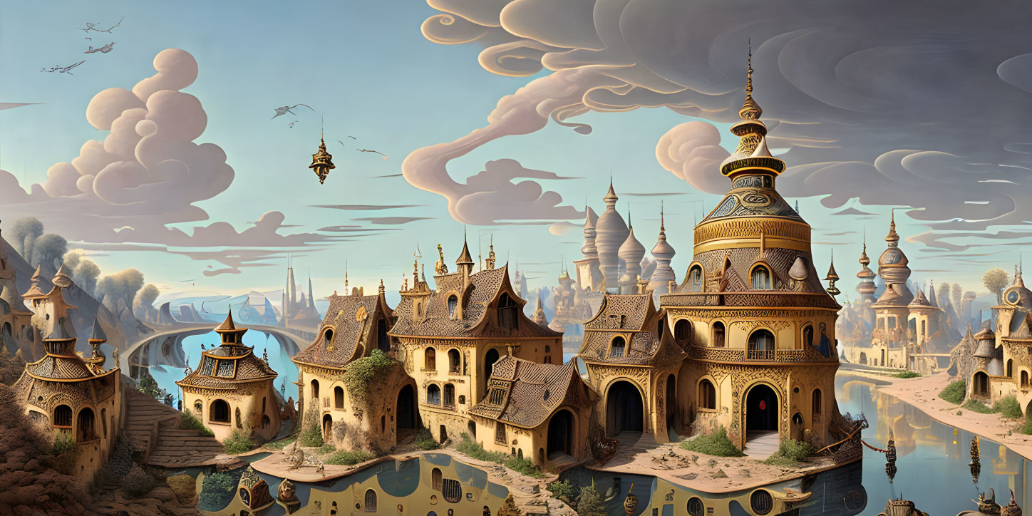 Whimsical landscape with surreal architecture and flying machines