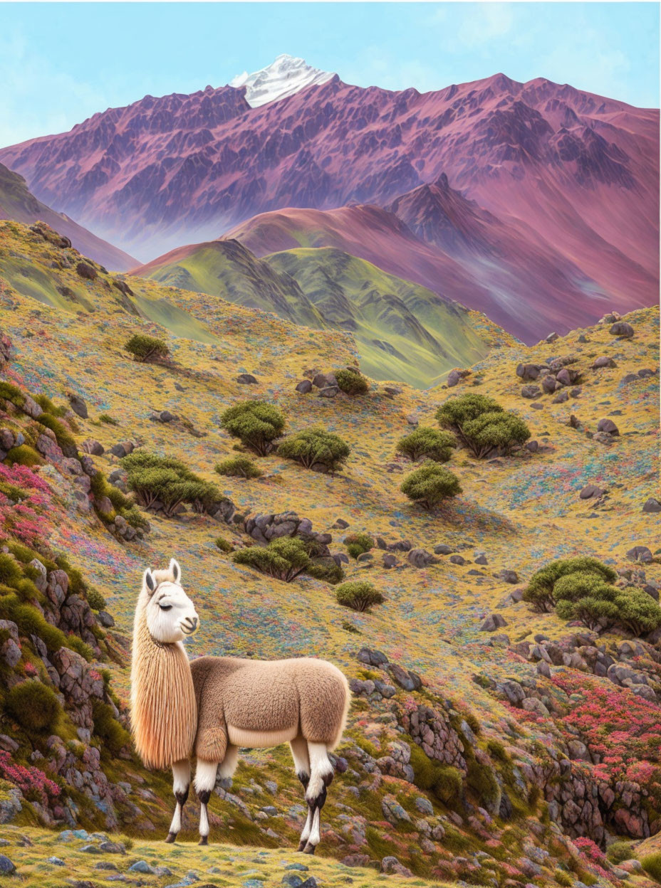 Majestic llama on flower-speckled hill with snow-capped mountain
