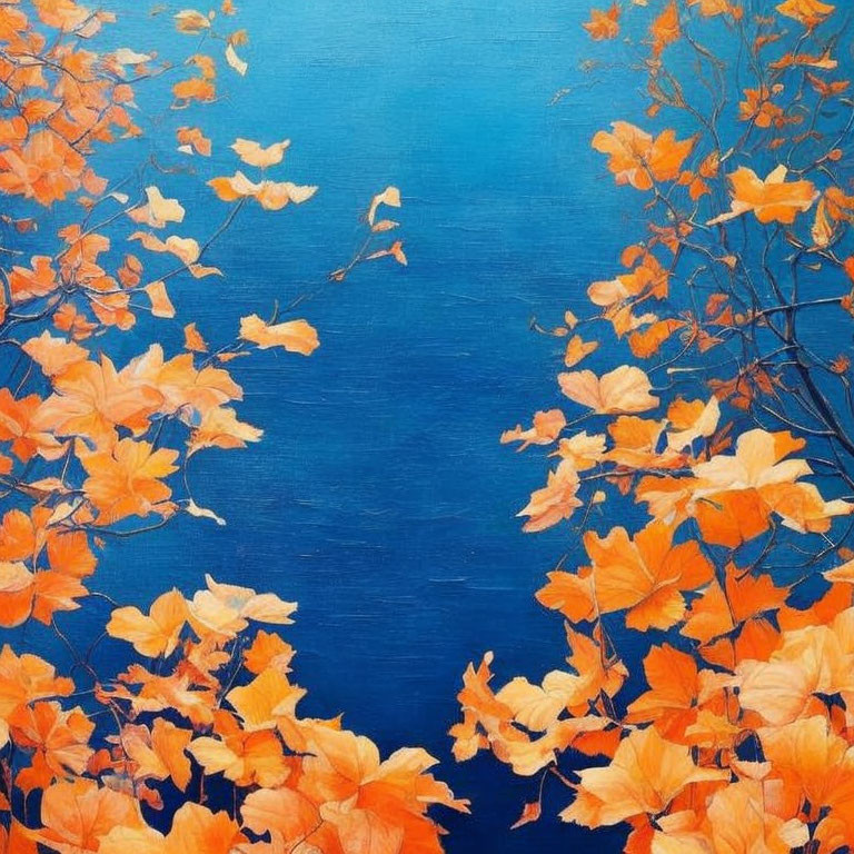 Autumn leaves border bright blue canvas in serene contrast