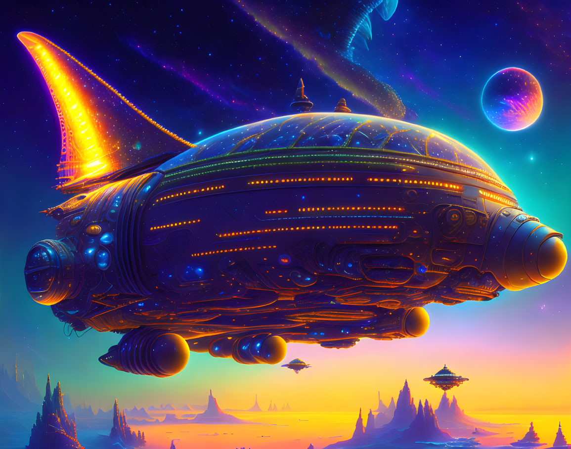 Futuristic spaceship over alien planet with vibrant sky and floating islands