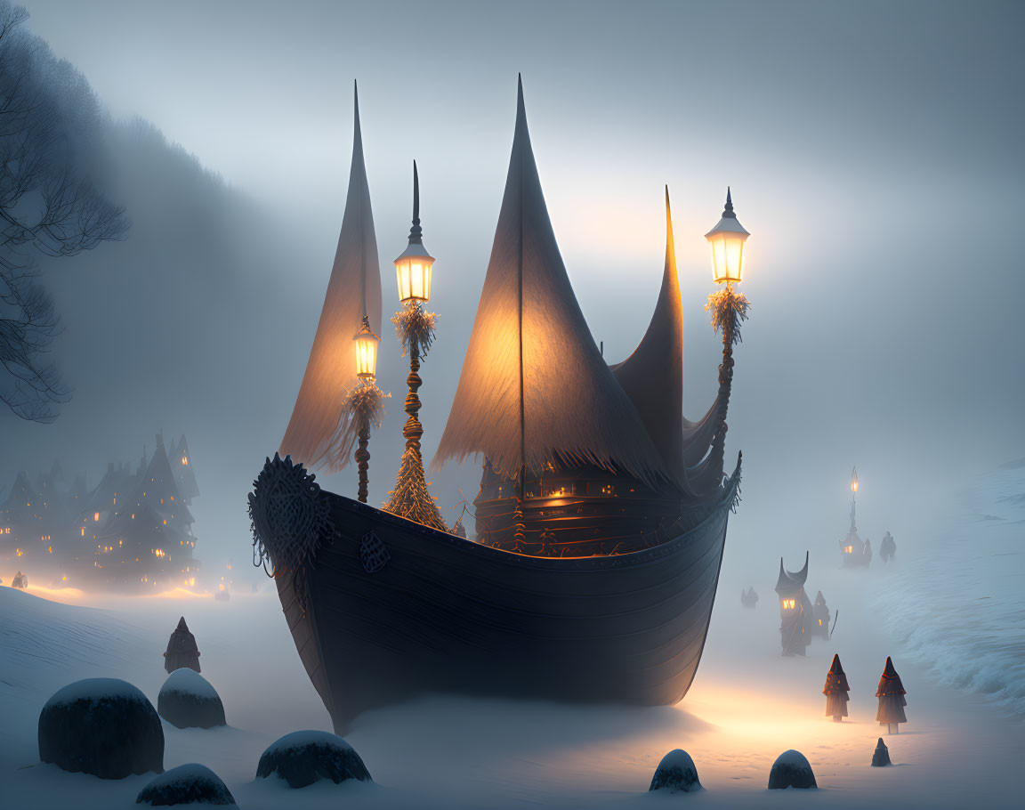 Viking-like ship with glowing lanterns on snowy twilight landscape