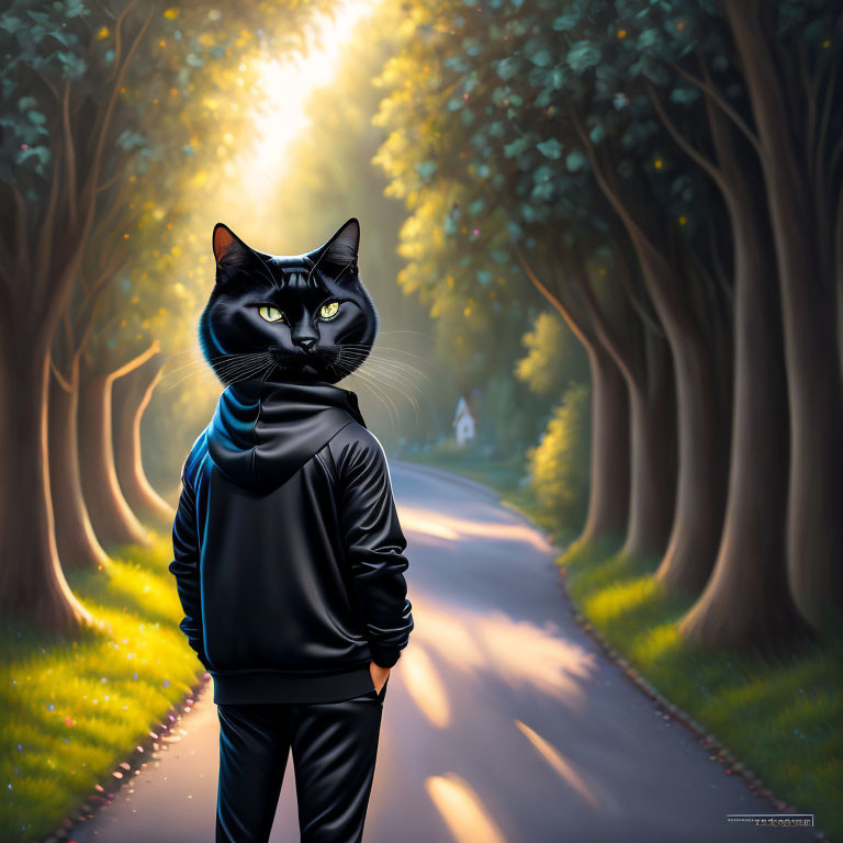 Surreal illustration: human body in black hoodie with cat head in forest.